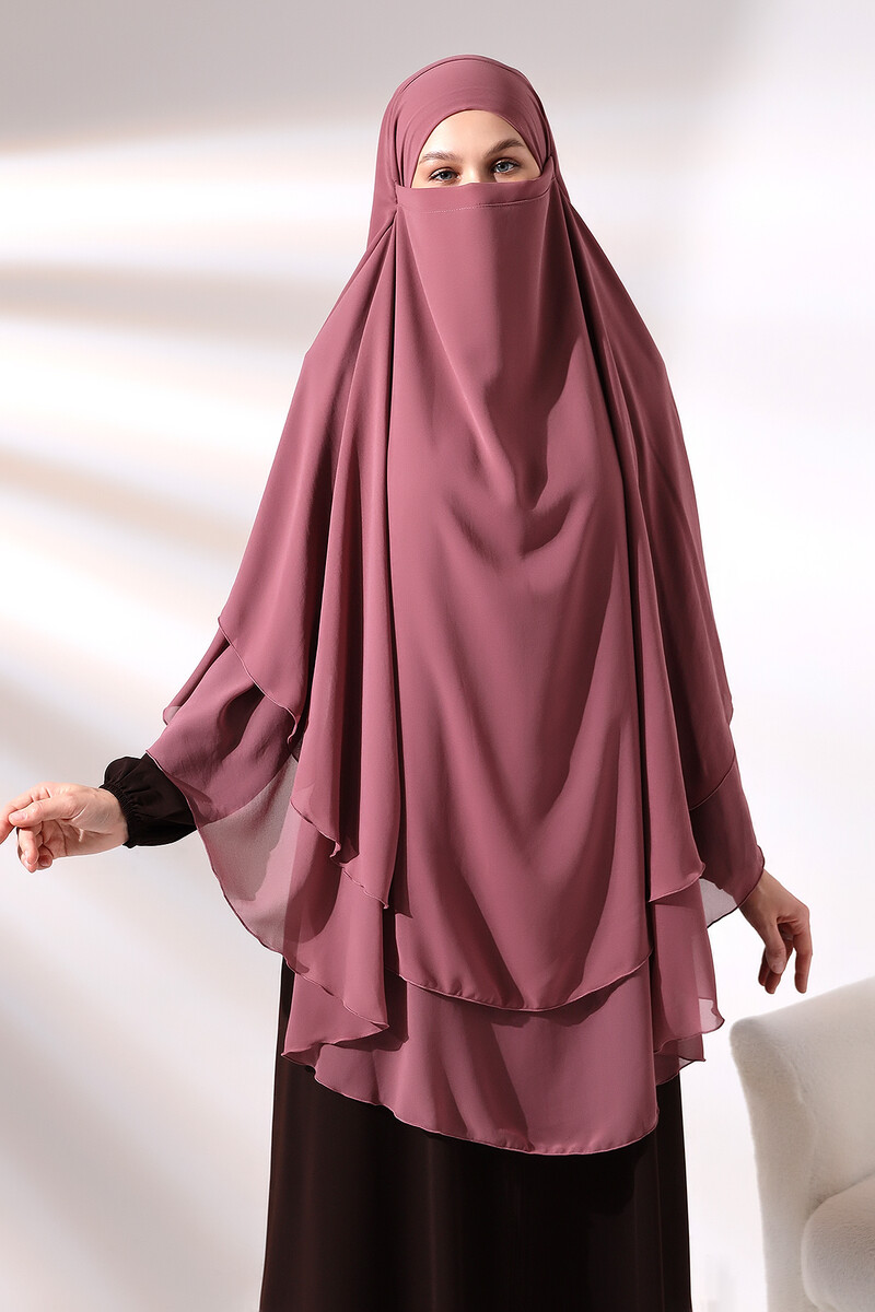 Dusty Rose Three Layer Veiled Long Chiffon Hijab Soufflé Scarf - 2