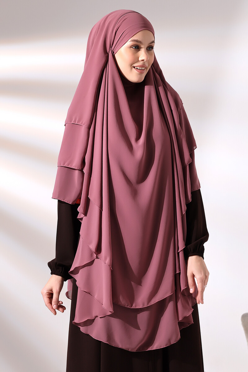 Dusty Rose Three Layer Veiled Long Chiffon Hijab Soufflé Scarf - 3