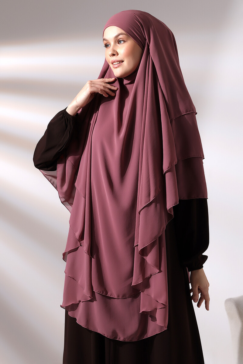 Dusty Rose Three Layer Veiled Long Chiffon Hijab Soufflé Scarf - 4