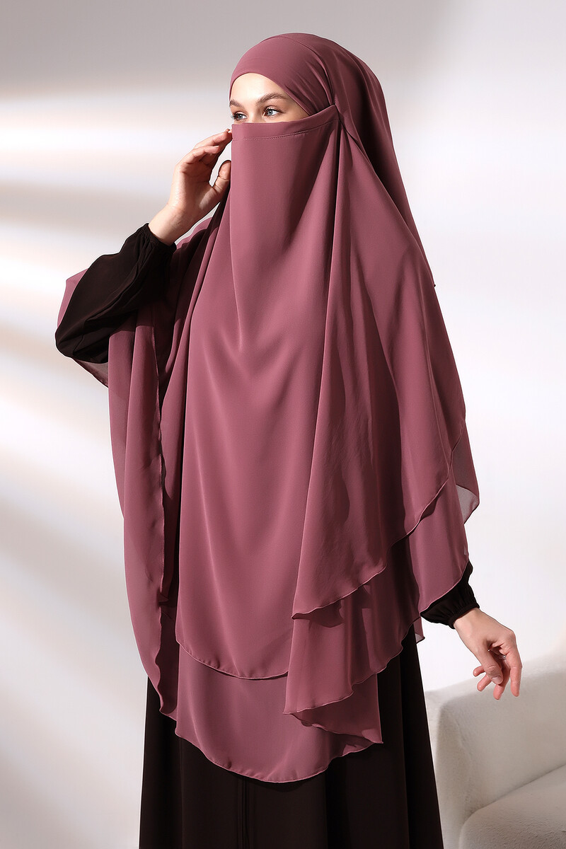 Dusty Rose Three Layer Veiled Long Chiffon Hijab Soufflé Scarf - 5