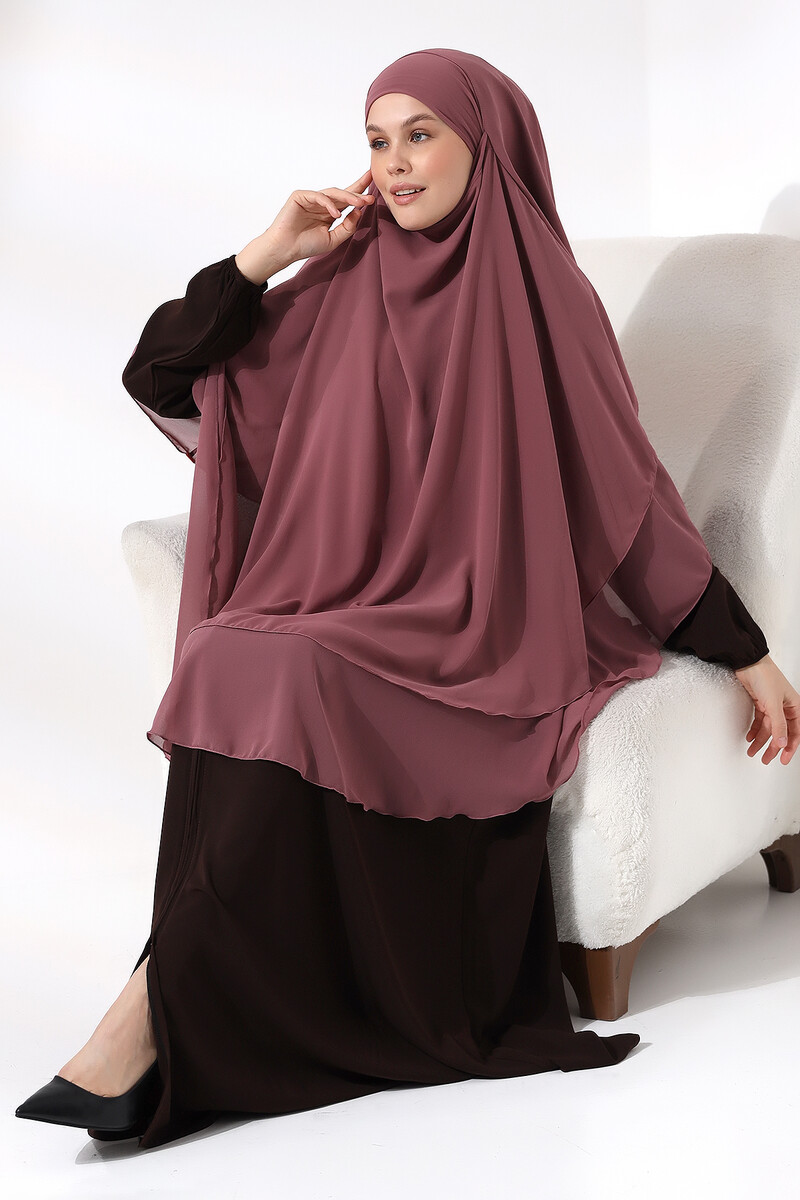 Dusty Rose Three Layer Veiled Long Chiffon Hijab Soufflé Scarf - 7