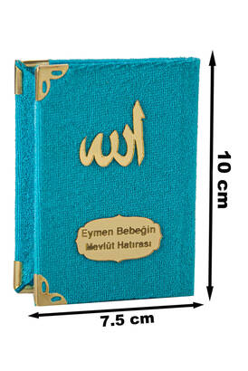 Economical Velvet-Covered Yasin Book - Mini Boy - Petrol Color - Mevlid Gift - 1