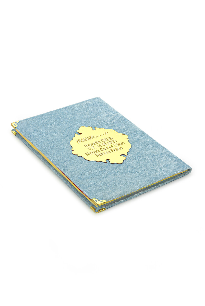 Economical Velvet Covered Yasin Book - Personalized Plexiglass - Medium Size - Mevlit Gift - Blue Color - 2