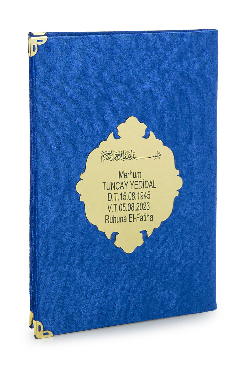 Economical Velvet Covered Yasin Book - Personalized Plexiglass - Medium Size - Mevlit Gift - Navy Blue Color - 1