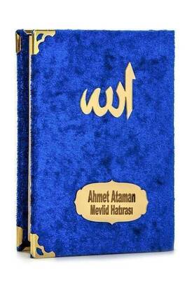 Economical Velvet Coated Yasin Book - Name Special Plate - Cep Boy - Navy Color - Mevlit Gift - 1