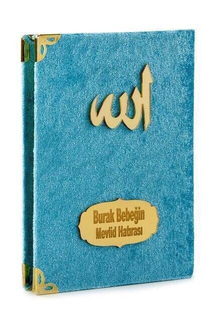 Economical Velvet Coated Yasin Book - Name Special Plate - Pocket Size - Blue Color - Mevlit Gift - 1