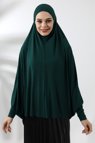 Emerald Green Ready Practical Sultanbaş Hijab Sleeve Combed Cotton Soufflé Scarf Hijab - 1