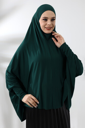 Emerald Green Ready Practical Sultanbaş Hijab Sleeve Combed Cotton Soufflé Scarf Hijab - 2