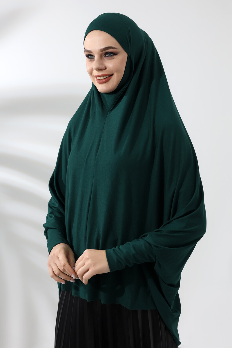 Emerald Green Ready Practical Sultanbaş Hijab Sleeve Combed Cotton Soufflé Scarf Hijab - 4