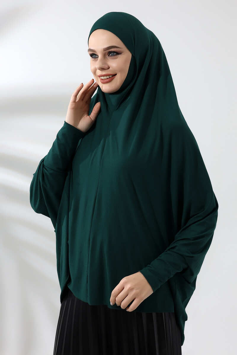 Emerald Green Ready Practical Sultanbaş Hijab Sleeve Combed Cotton Soufflé Scarf Hijab - 5