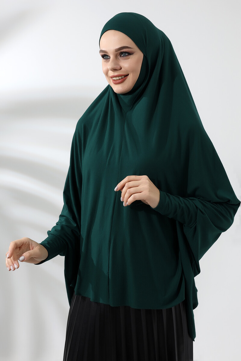 Emerald Green Ready Practical Sultanbaş Hijab Sleeve Combed Cotton Soufflé Scarf Hijab - 6