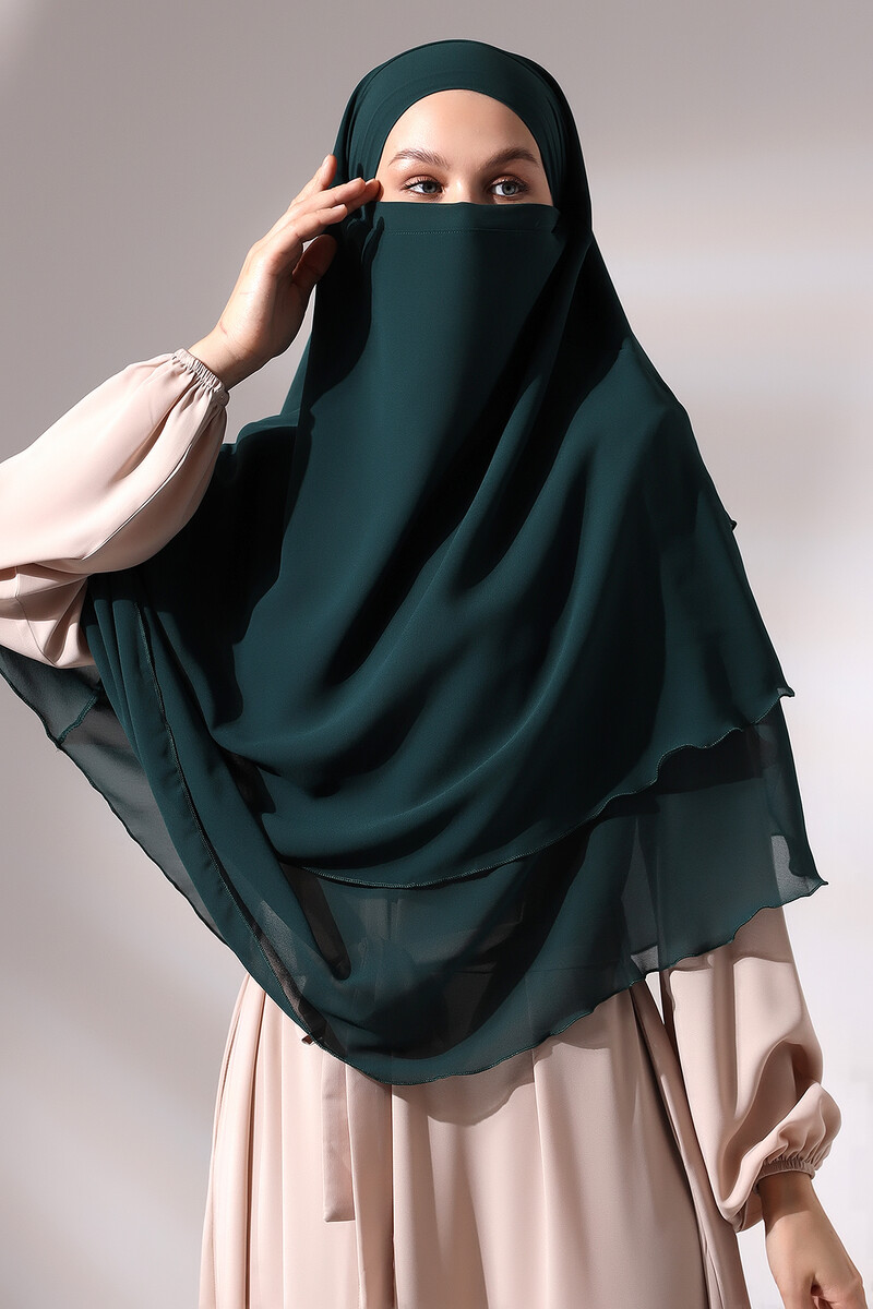 Emerald Green Three Layer Veiled Short Chiffon Hijab Soufflé Scarf - 2