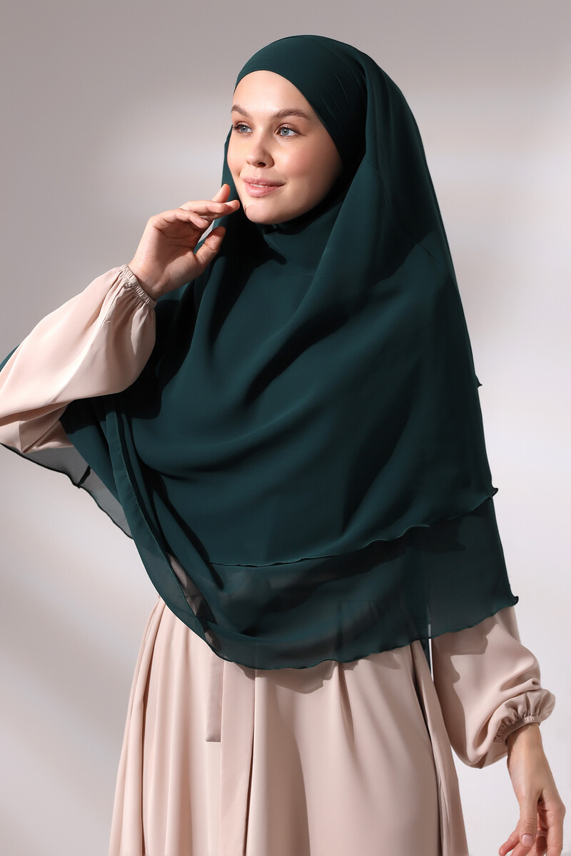 Emerald Green Three Layer Veiled Short Chiffon Hijab Soufflé Scarf - 5