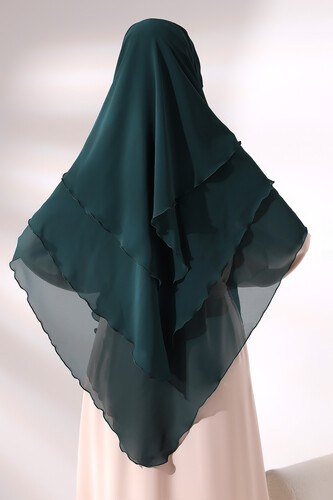 Emerald Green Three Layer Veiled Short Chiffon Hijab Soufflé Scarf - 6