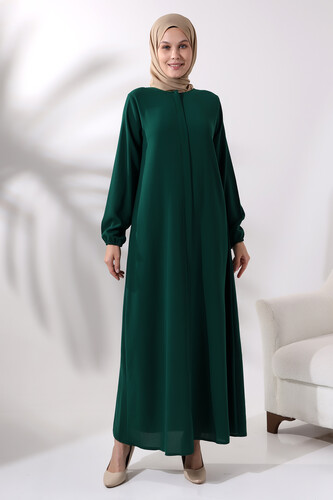 Emerald Green Women's Plain Plain Hijab Abaya with Elastic Sleeves and Hidden Zipper - 1