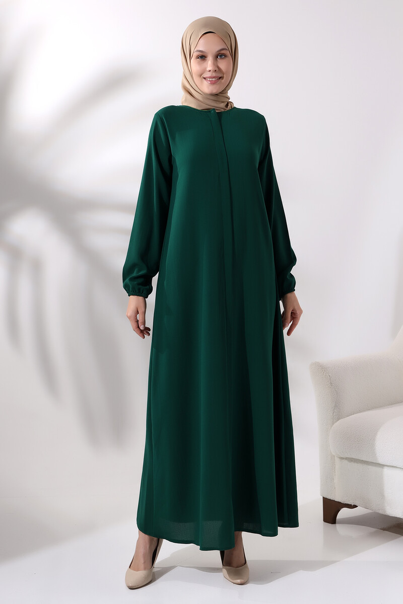 Emerald Green Women's Plain Plain Hijab Abaya with Elastic Sleeves and Hidden Zipper - 1