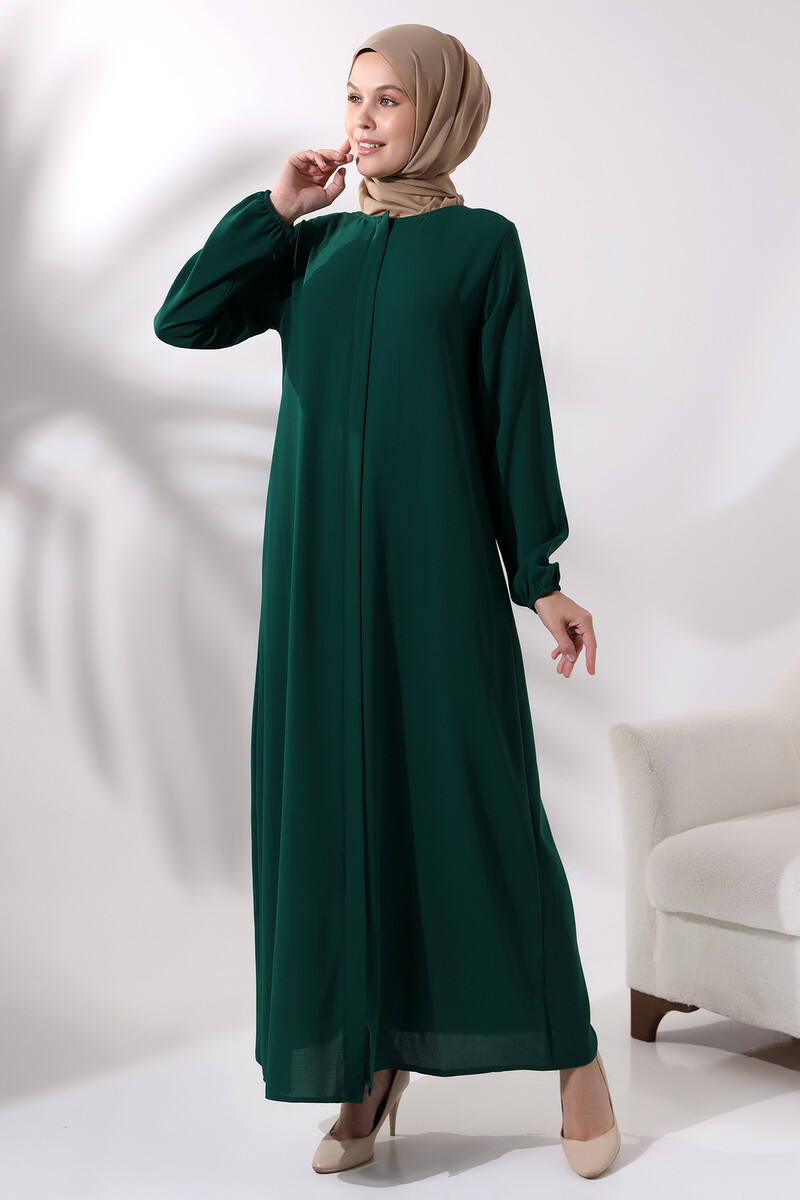 Emerald Green Women's Plain Plain Hijab Abaya with Elastic Sleeves and Hidden Zipper - 2