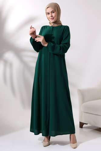 Emerald Green Women's Plain Plain Hijab Abaya with Elastic Sleeves and Hidden Zipper - 3