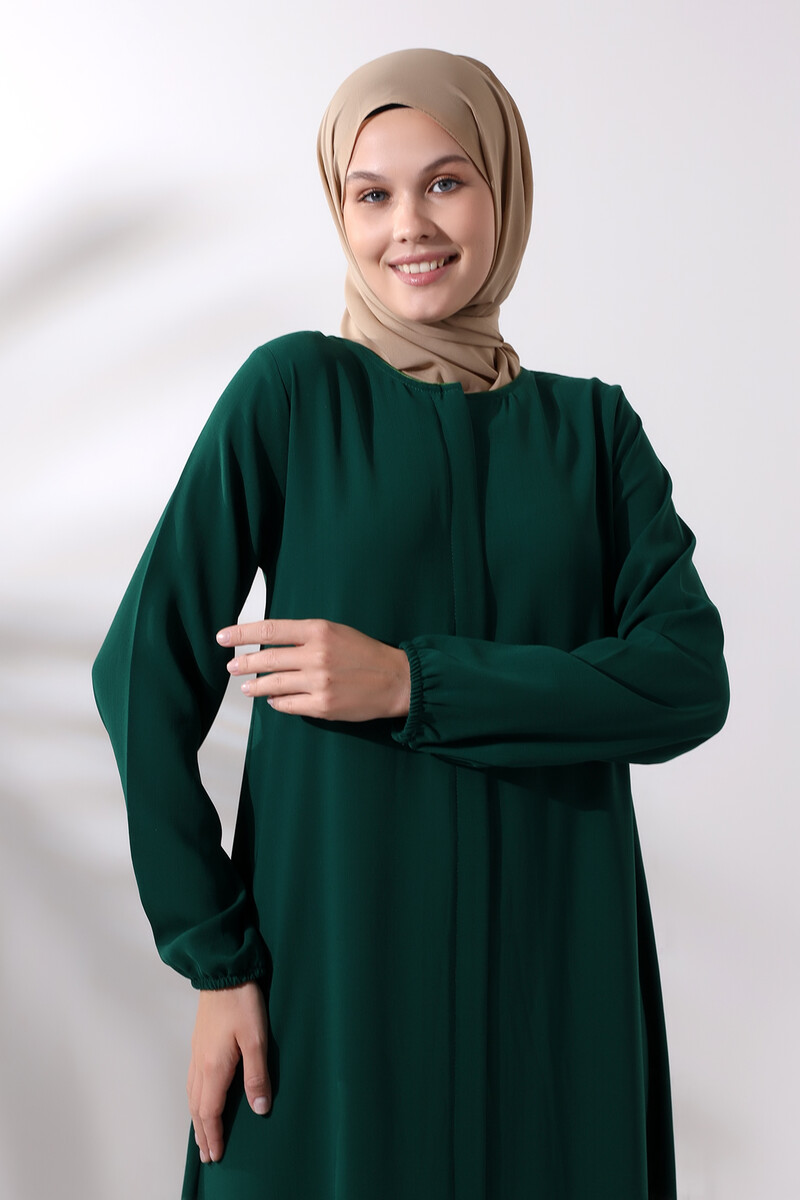 Emerald Green Women's Plain Plain Hijab Abaya with Elastic Sleeves and Hidden Zipper - 4