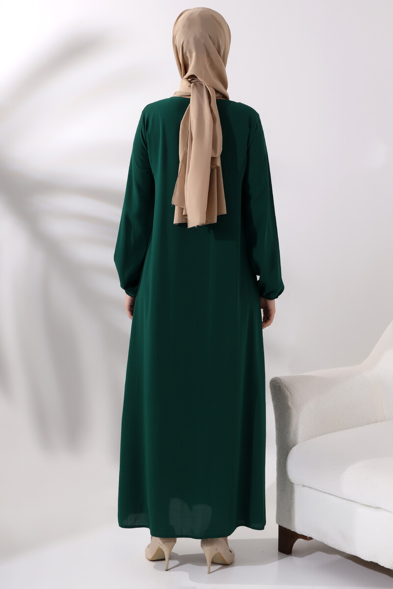 Emerald Green Women's Plain Plain Hijab Abaya with Elastic Sleeves and Hidden Zipper - 6