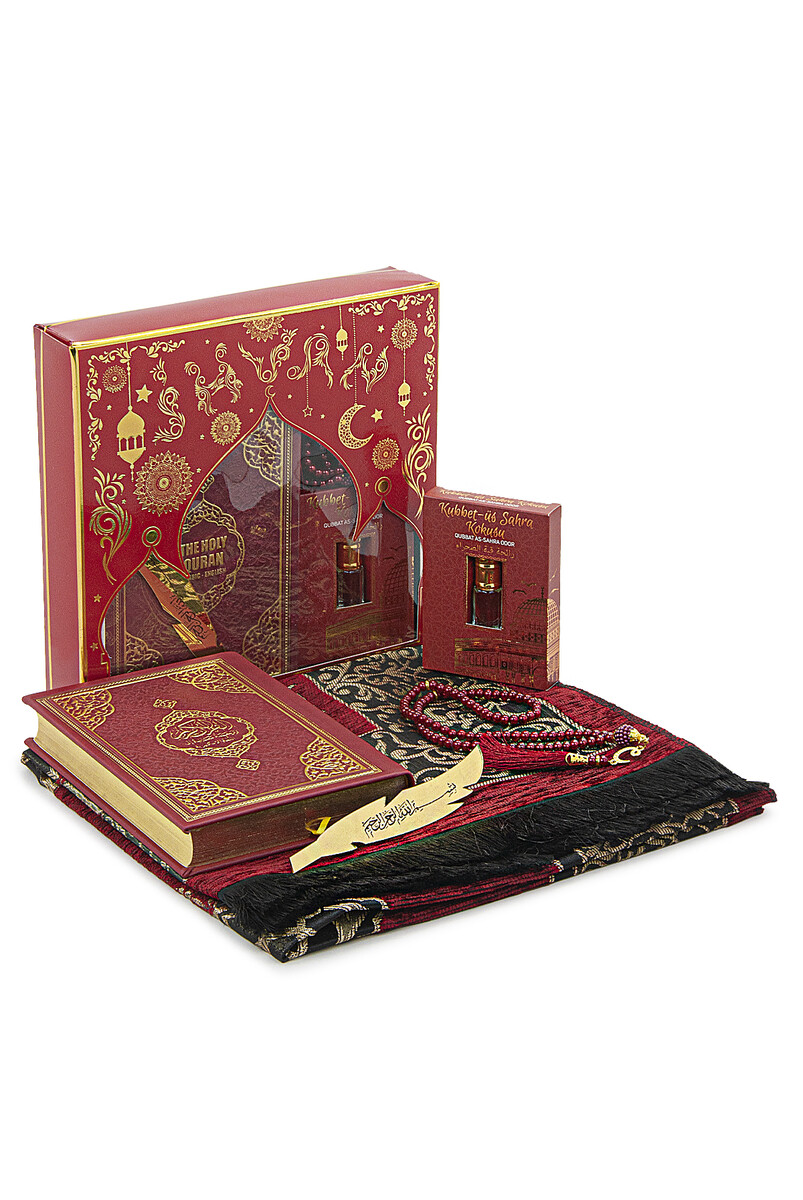 English Medina Calligraphy Quran and Prayer Rug Set Red - 1