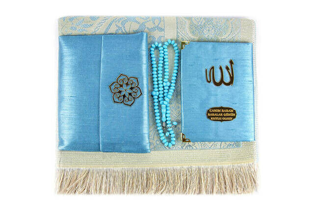 Father's Day Special Name Printed Fabric Coated Yasin Book Seccadeli Rosary Marsupian Set - Blue Color - 4