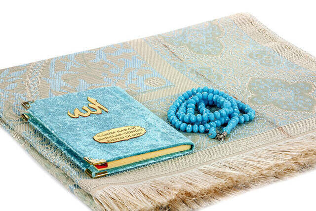 Father's Day Special Name Printed Velvet Coated Yasin Book Seccadeli Rosary Set - Blue Color - 3