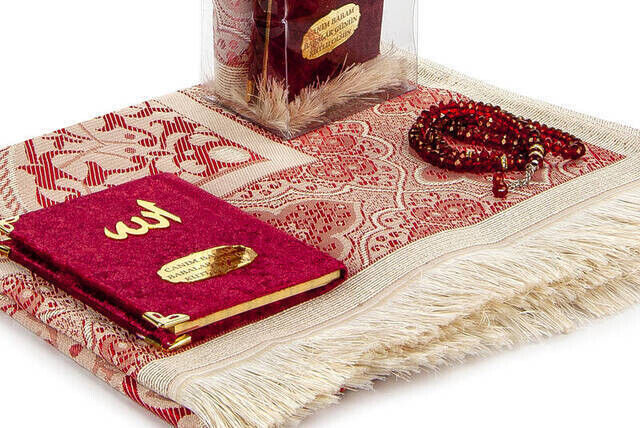 Father's Day Special Name Printed Velvet Coated Yasin Book Seccadeli Rosary Set - Burgundy Color - 3