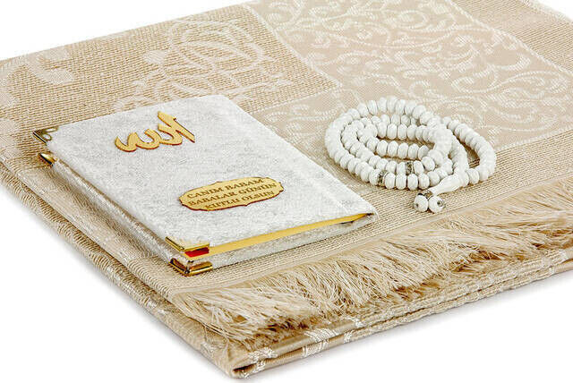 Father's Day Special Name Printed Velvet Coated Yasin Book Seccadeli Rosary Set - White - 3