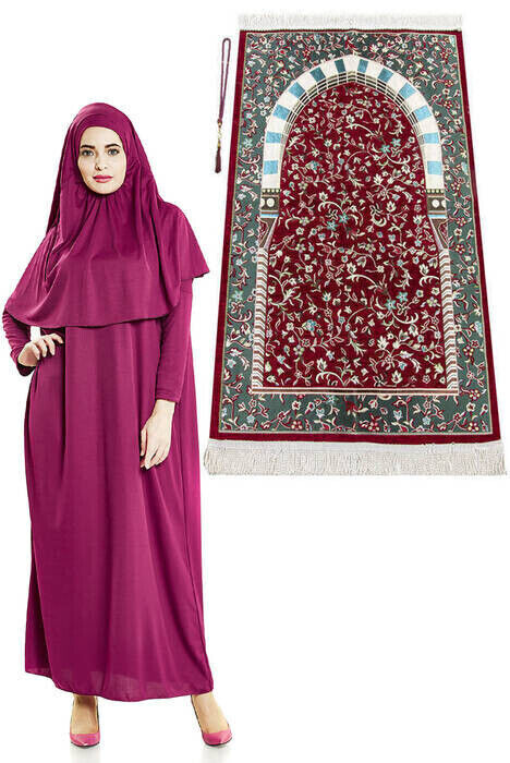 Fuchsia Prayer Dress - Ravza Motif Prayer Rug and Rosary - Worship Set - 1