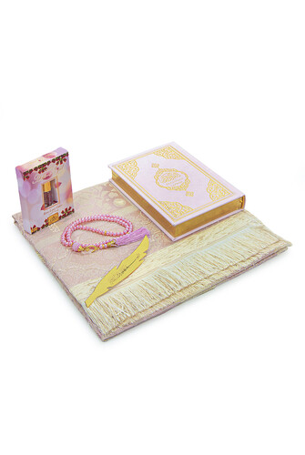 German Meaning Medina Calligraphy Quran and Prayer Rug Set Pink - 3