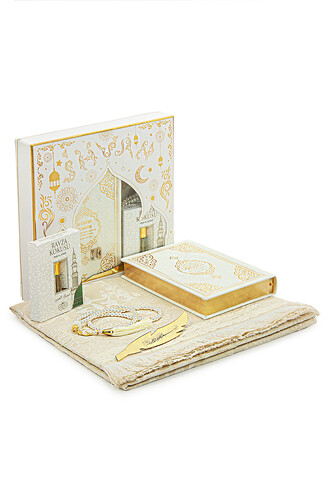 German Meaning Medina Calligraphy Quran and Prayer Rug Set White - 1