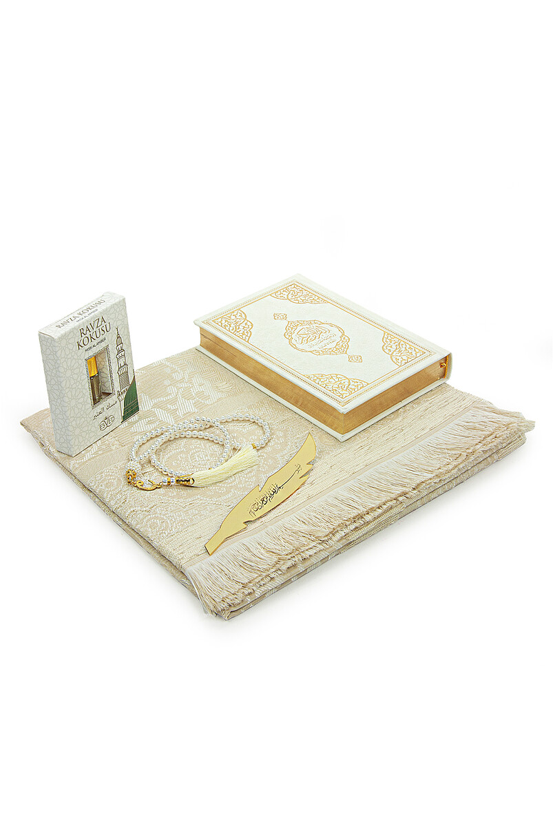 German Meaning Medina Calligraphy Quran and Prayer Rug Set White - 3