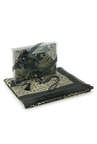 Gift Boxed Dowry Prayer Rug Set with Pearl Prayer Beads, Suitable for the Bride and Groom's Bundle, Black - 1