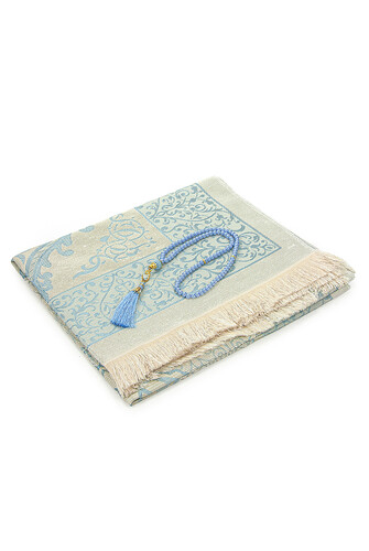 Gift Boxed Dowry Prayer Rug Set with Pearl Prayer Beads Suitable for the Bride and Groom's Package Blue - 2