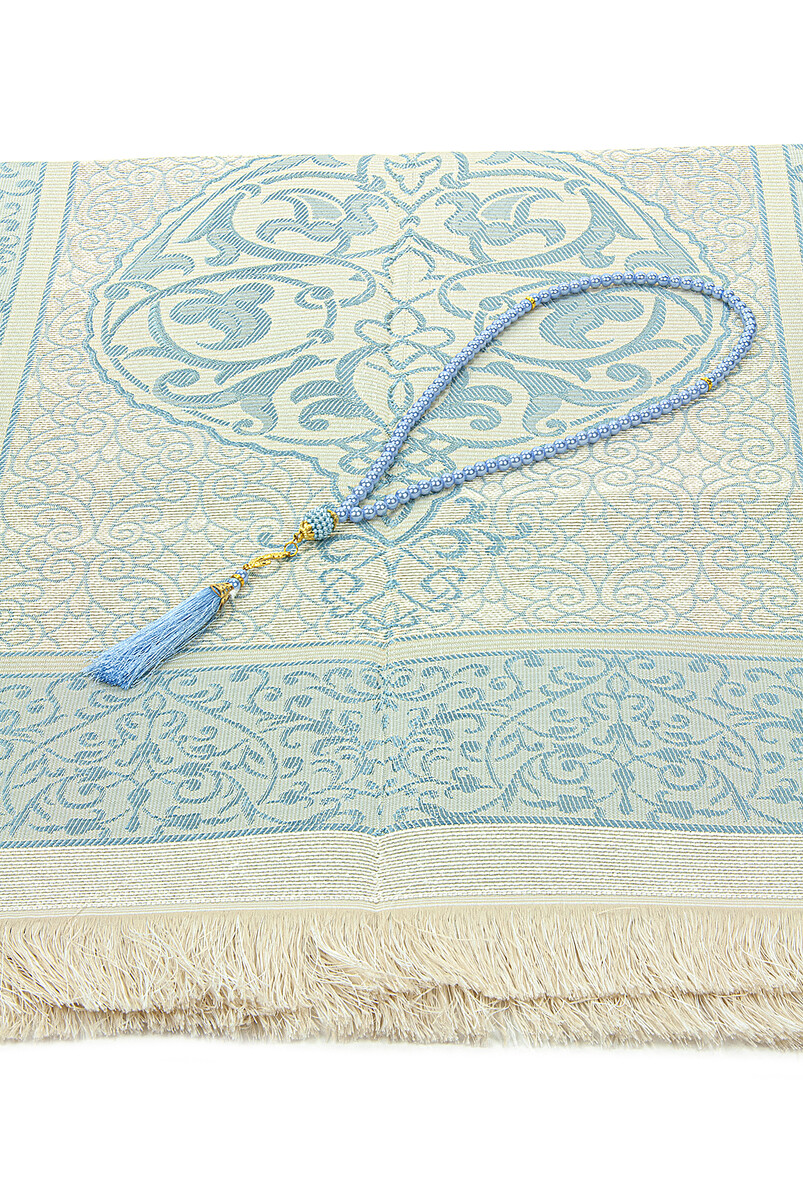 Gift Boxed Dowry Prayer Rug Set with Pearl Prayer Beads Suitable for the Bride and Groom's Package Blue - 4