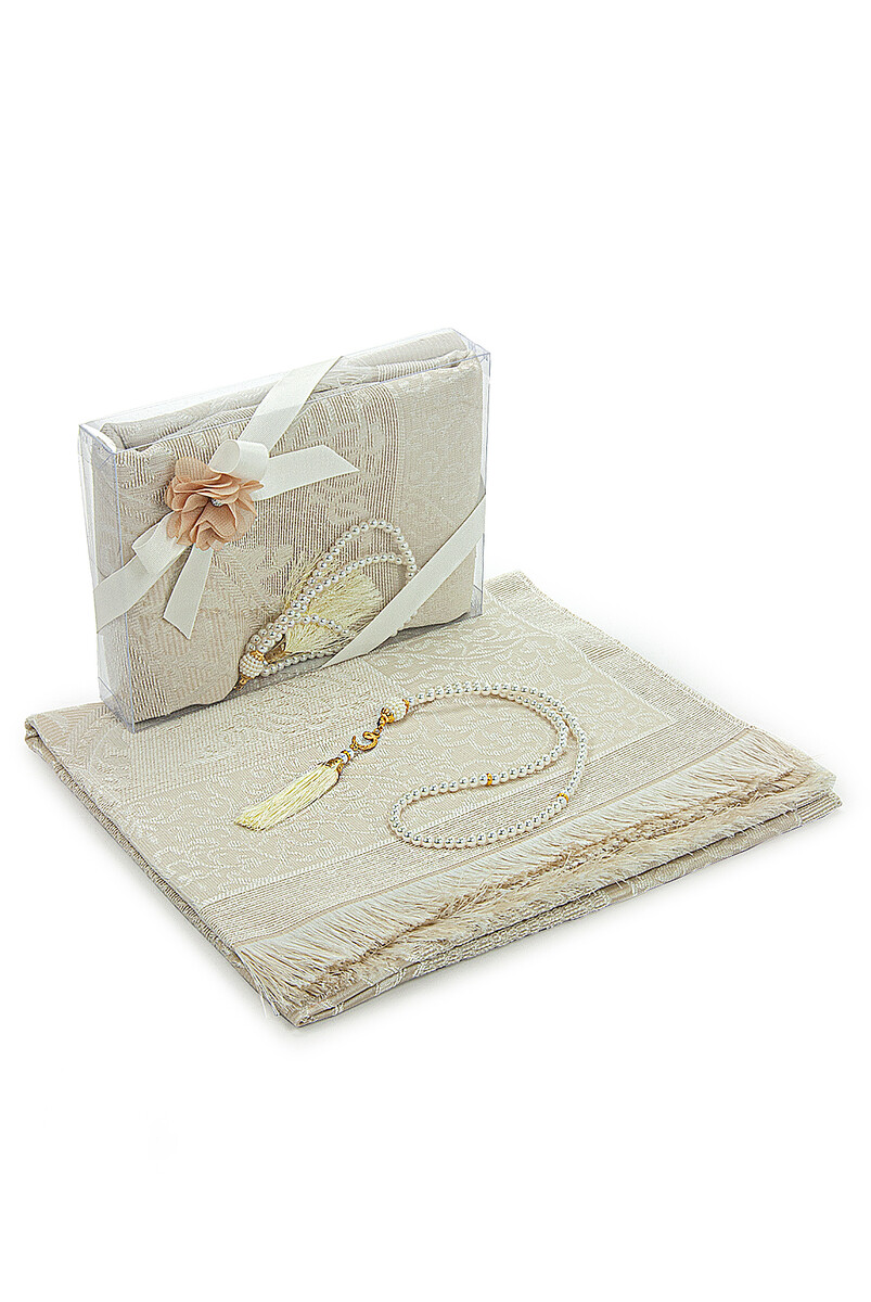 Gift Boxed Dowry Prayer Rug Set with Pearl Prayer Beads, Suitable for the Bride and Groom's Package, Cream - 1