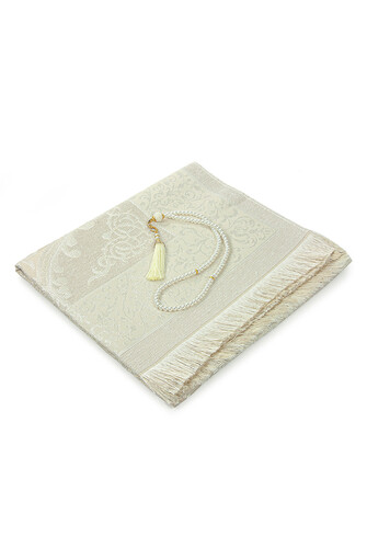 Gift Boxed Dowry Prayer Rug Set with Pearl Prayer Beads, Suitable for the Bride and Groom's Package, Cream - 2