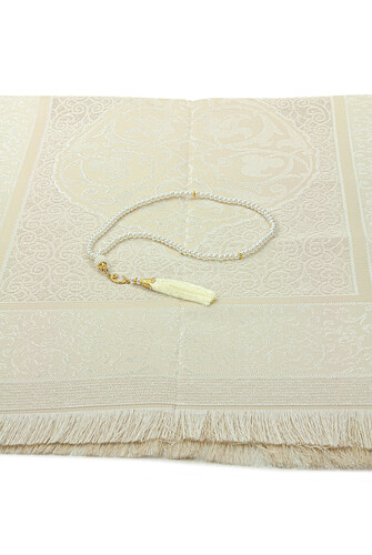 Gift Boxed Dowry Prayer Rug Set with Pearl Prayer Beads, Suitable for the Bride and Groom's Package, Cream - 4