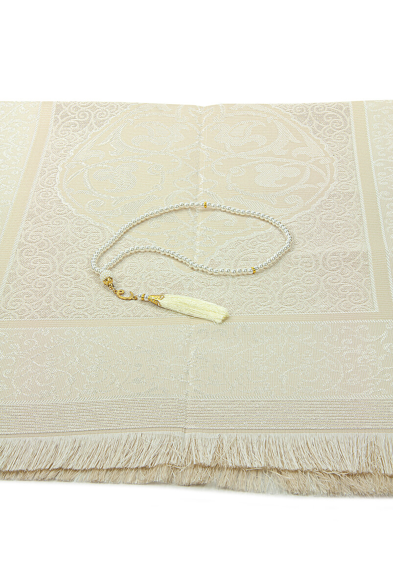 Gift Boxed Dowry Prayer Rug Set with Pearl Prayer Beads, Suitable for the Bride and Groom's Package, Cream - 4