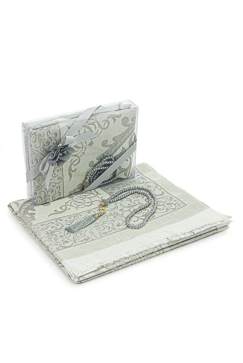 Gift Boxed Dowry Prayer Rug Set with Pearl Prayer Beads, Suitable for the Bride and Groom's Package, Gray - 1