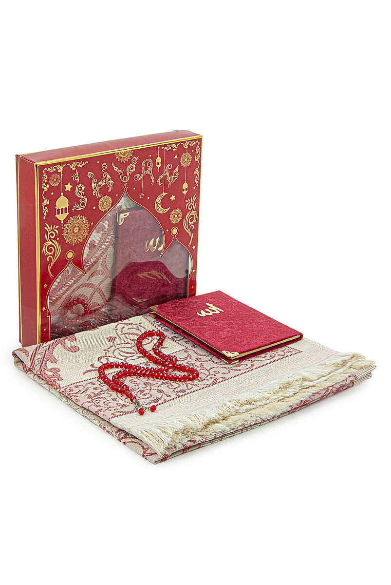 Gift Dowry Prayer Rug Set in Special Box Claret Red - 1