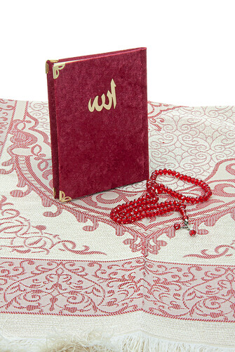 Gift Dowry Prayer Rug Set in Special Box Claret Red - 4