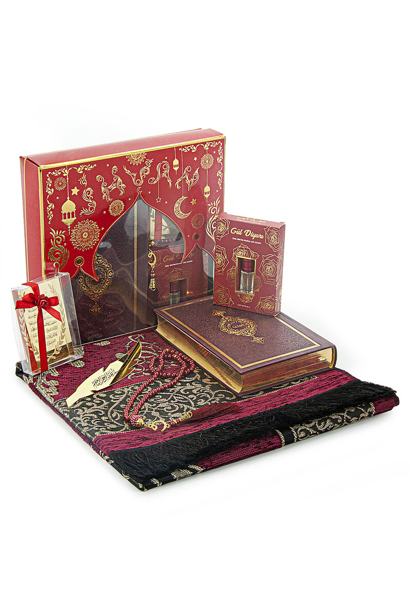 Gift Suitable for a Bundle Quran and Dowry Prayer Rug Set Claret Red - 1