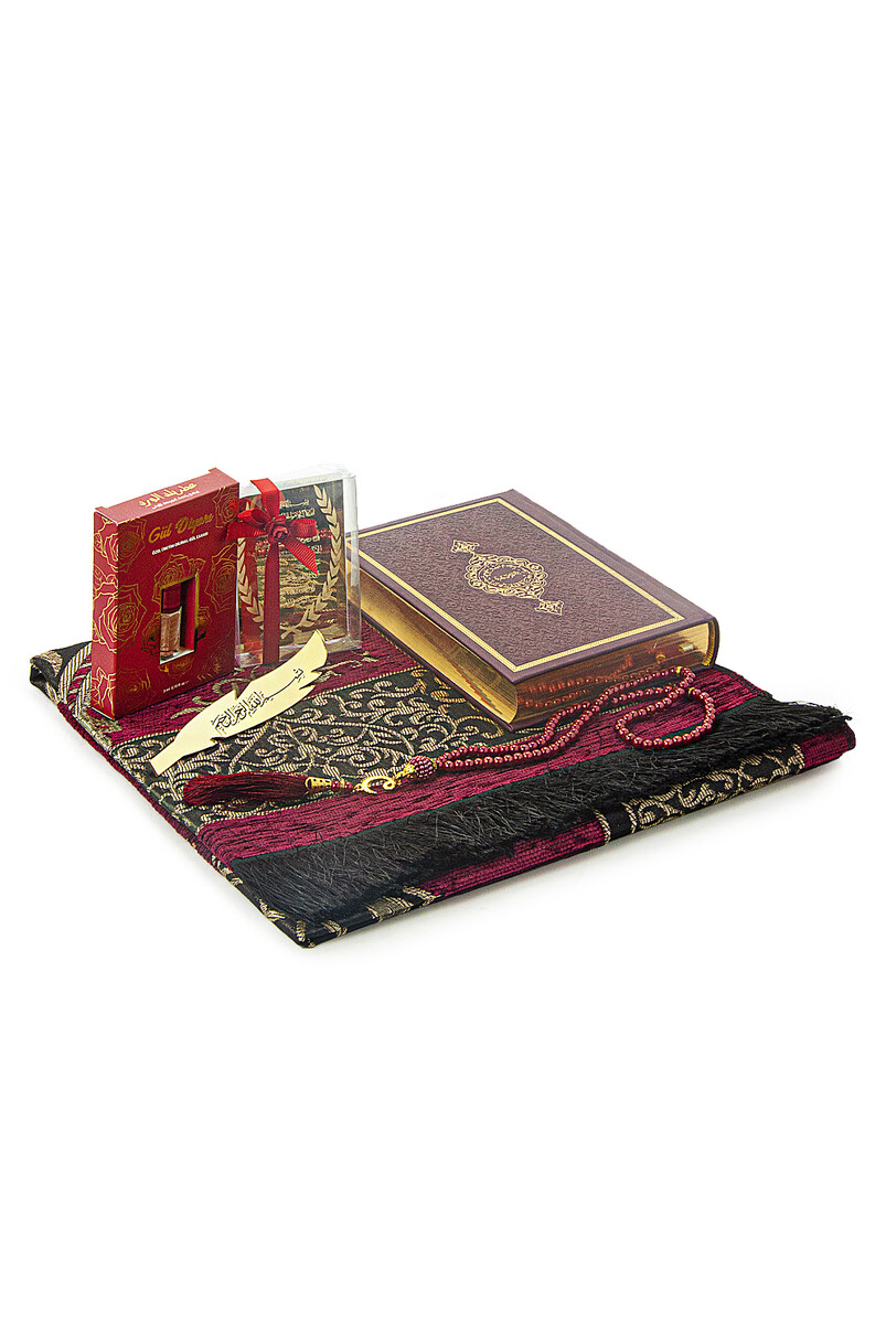 Gift Suitable for a Bundle Quran and Dowry Prayer Rug Set Claret Red - 3