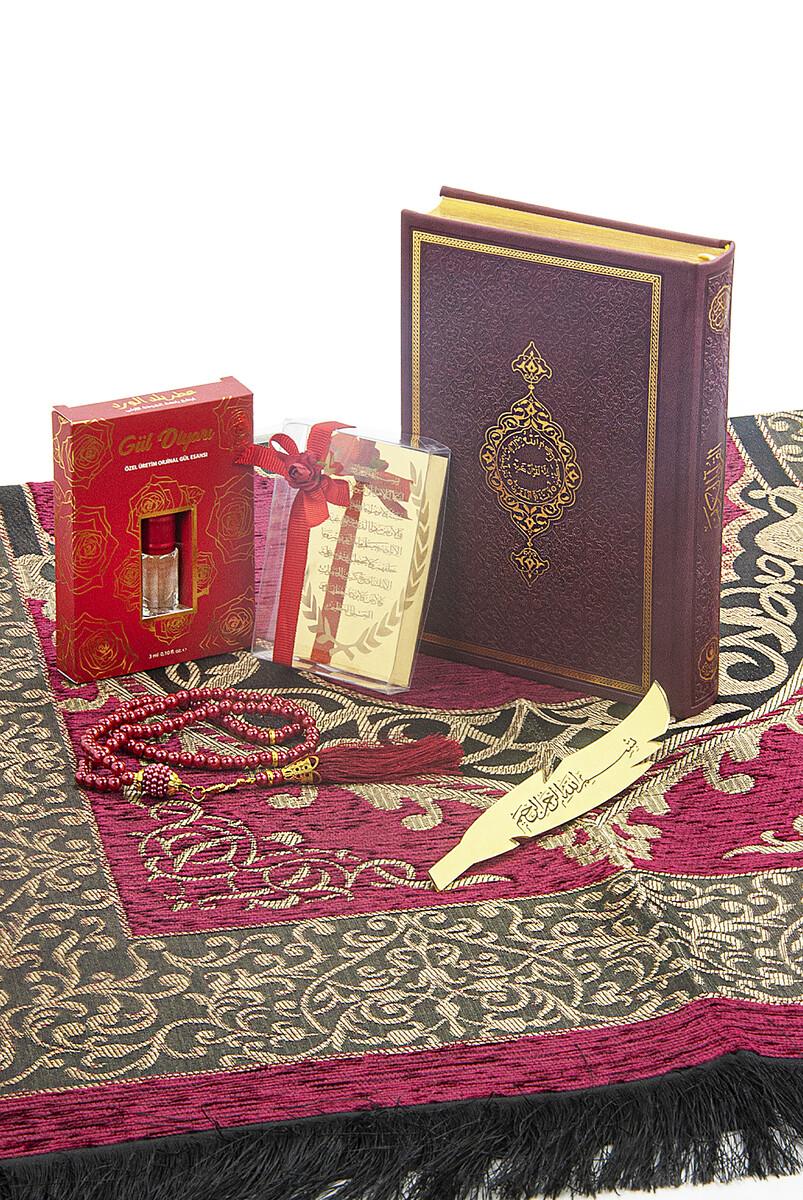 Gift Suitable for a Bundle Quran and Dowry Prayer Rug Set Claret Red - 4