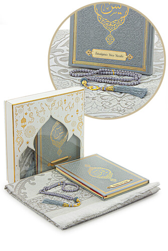 Gray Dowry Prayer Rug Set Suitable for the Bride's Bundle Religious Gift Personalized Yasin Book - 1