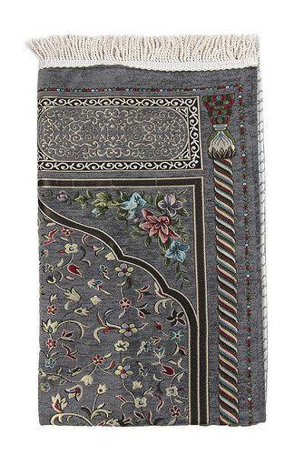 Gray Floral Ravza Patterned Lined Chenille Prayer Rug - 3