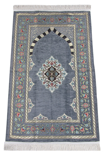 Gray Flower Motifed Mihrab Lined Chenille Prayer Rug - 1