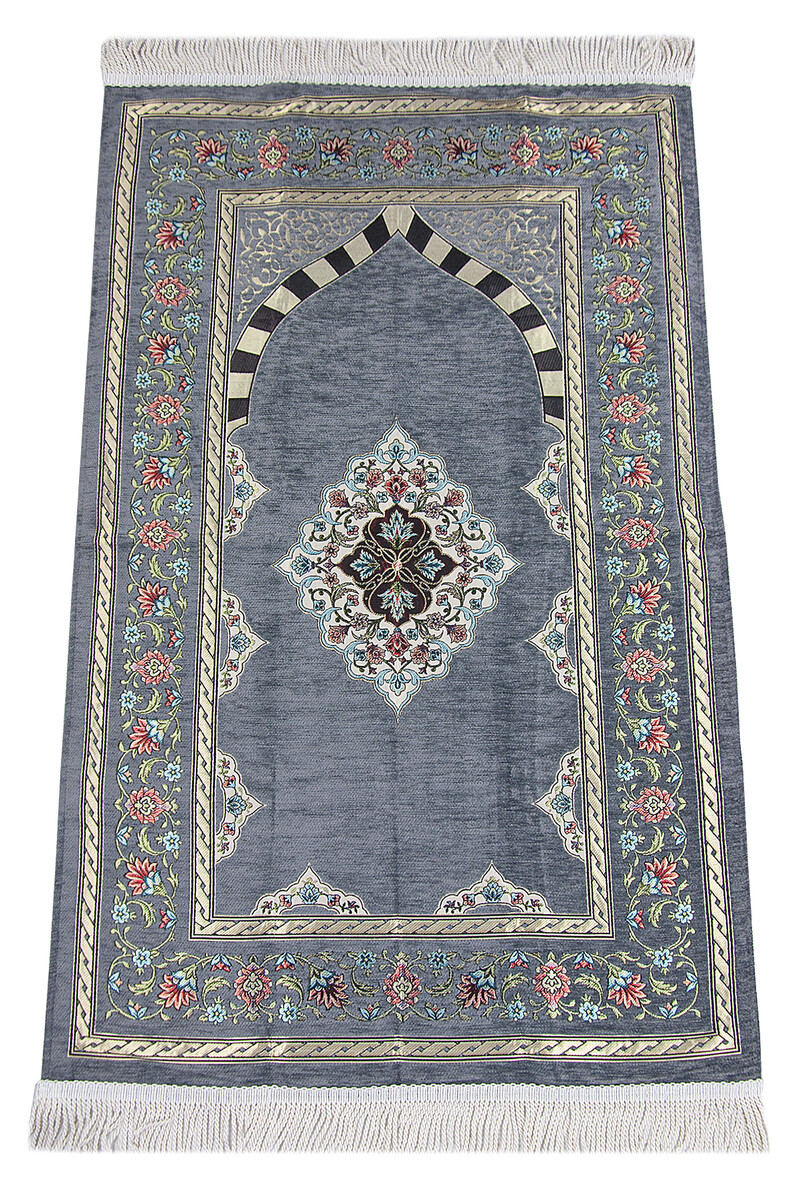 Gray Flower Motifed Mihrab Lined Chenille Prayer Rug - 1